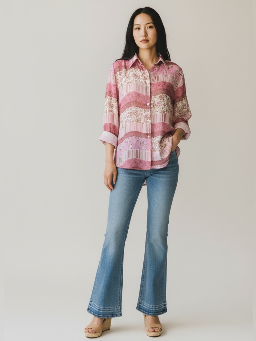 Impressions Pink Sheer Patchwork-Style Button Down Shirt - Picture 7 of 7